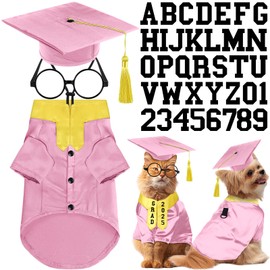 Huhumy 5 Pcs Dog Graduation Costume Set Include 2025 Pet Graduation Gown with Stole Puppy Grad Cap Lensless Glasses DIY Letter Stickers for Dogs Cats Holiday Costume Accessory(Pink Yellow,S)