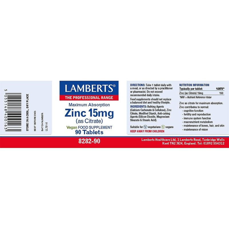 Lamberts Zinc Tablets – 15mg Elemental Zinc as Citrate –