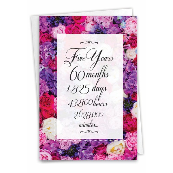 NobleWorks - 5th Anniversary Card with Envelope - 5 Years of Marriage, Love Milestone Flower Card for Wife, Husband, Couples - Year Time Count 5 C9435MAG