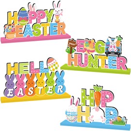 4Pcs Easter Decorations Wooden Table Centerpiece Happy Easter Table Decorations Bunny Colorful Egg Carrot Truck Tabletop Tiered Tray Decor for Home Office Party Decor Supplies