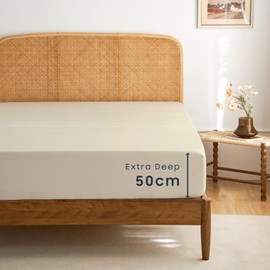 Wake In Cloud - Extra Deep Queen Fitted Sheet 1 Piece - 50cm Deep Pocket Bed, 1000TC Ultra Soft Microfiber, Light Beige, Queen Size