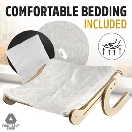 First Stop Shop - Cat Window Perch with Comfortable Bedding - Cat Perch for Window & Wall - Easy to Install Wooden Cat Window Hammock - Window Cat Perch for Small & Large Cats (Yellow & Beige)