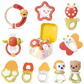 MARUMINE 10PCS Baby Rattles Teether Toys Set with Storage Box for 0-6 Months Newborn Boys Girls Grab N Shake