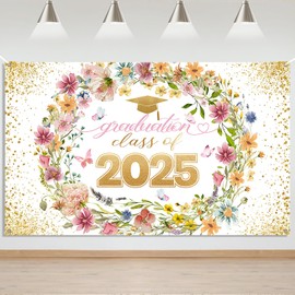 Mocsicka Congratulation 2025 Backdrop Banner Floral Congrats 2025 Graduation Graduate Party Decorations Background Floral Gold Class of 2025 Photography Backdrops