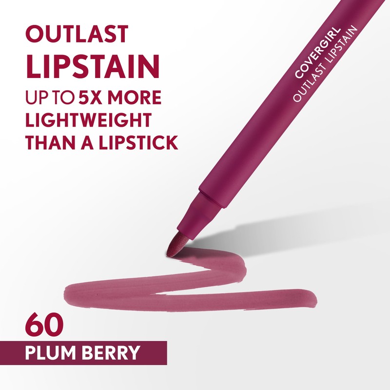 COVERGIRL Outlast, 60 Plum Berry, Lipstain, Smooth Application, Precise Pen-Like