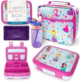 Bento Box, Lunch Bag, Ice Pack Water Bottle Set for Kids - 5 Compartments, Removable Tray, Lunches or Snack Container Girls Toddlers Daycare Pre-School, Kindergarten Pink Purple Fairy Princess