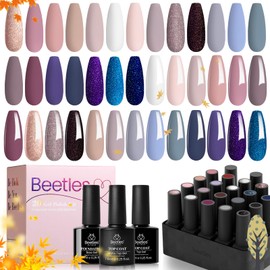 Beetles 20Pcs Gel Nail Polish Kit with Glossy Matte Top Coat and Base Coat Girls Night Collection White Nude Gray Glitters Fall Gel Polish U V Soak Off Holiday Nails Manicure Set for Women Girls