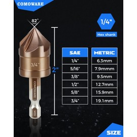 COMOWARE Countersink Drill Bit Set, M35 HSS Chamfer Tool 6 Pcs, 1/4 Inch Hex Shank Chamfer bit, Countersink Drill bit for Wood Metal Stainless Steel Carbon Steel