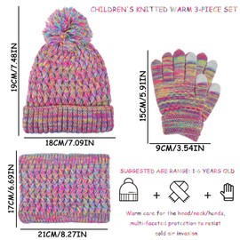 AWAVM Kids Winter Hat Scarf and Gloves Set, 3pcs Knitted Warmth Crochet Thick Fluffy Scarf Pom Bobble Hat Two Fingers Touch Screen Gloves Set for Boys and Girls 2-8 (Iridescent)