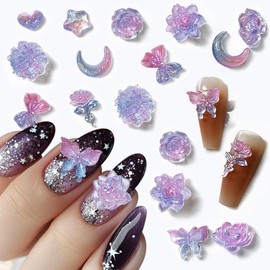 50pcs Luminous Flower Nail Charms Dreamy Blue Purple Gradient Nail Art Charms for Nails Design Cute Bow Heart Butterfly Moon Star Peony Lotus Camellia Rose Nail Charm Manicure Decor Resin Accessories
