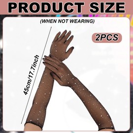 Rhinestone Long Fishnet Gloves, Black Polyester Sparkly Mesh Rave Gloves Fishnet Arm Sleeves for Women Evening Party Dress Costume Accessory Party Supplies