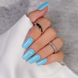 KQueenest Light Blue Press On Nails Long Square - Summer Press On Nails Medium Coffin, Sheer Soft Blue Fake Nails with Glue, Glossy Opaque, Reusable Soft Gel Glue on Nails for Women, 24 Pcs