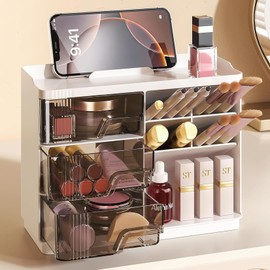 Umtiti Makeup Organizer with Drawers, Multifunctional Countertop Storage Box, Stackable Desk Tidy for Brushes, Lipsticks, Toiletries, Bathroom Vanity Orga