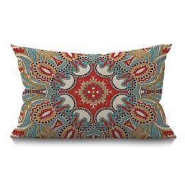 Paisley Flower Throw Pillow Cover Traditional Ethnic Floral Red Teal White Waist Lumbar Cotton Linen Home Living Room Decorative Throw Pillow Cases Cushion Cover 12x20 Inch Rectangle Waist Pillowcase