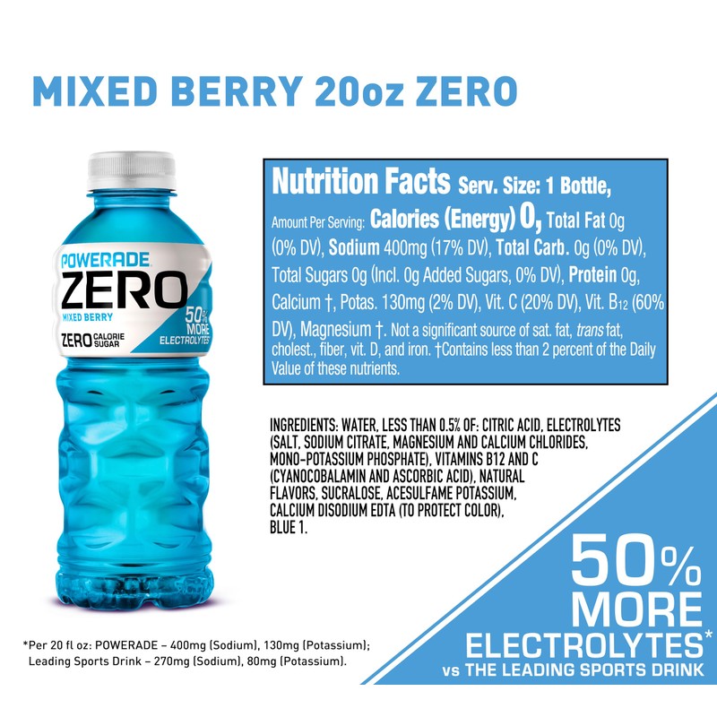 POWERADE Zero Mixed Berry Bottles, 20 fl oz, 8 Pack