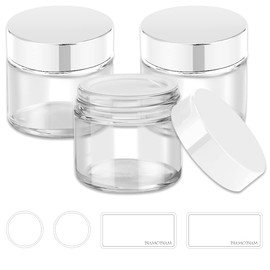 2 oz Glass Jars with Lids, Bumobum 3 pack Clear Small Jar with White Lids, Blank Labels & Inner Liners, 60 ml Empty Round Cosmetic Containers for Sample, Powder, Cream, Lotion, Spice