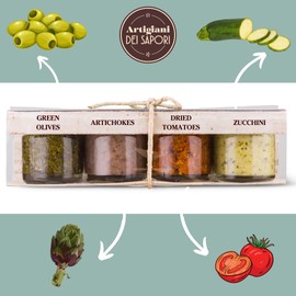 4 Pack, Bruschetta Set "La Bruschetteria" 1.3 oz each, Tomato Chopped, Artichokes, Sun-Dried Tomato, Smooth Zucchini Bruschetta Topping, Artigiani dei Sapori