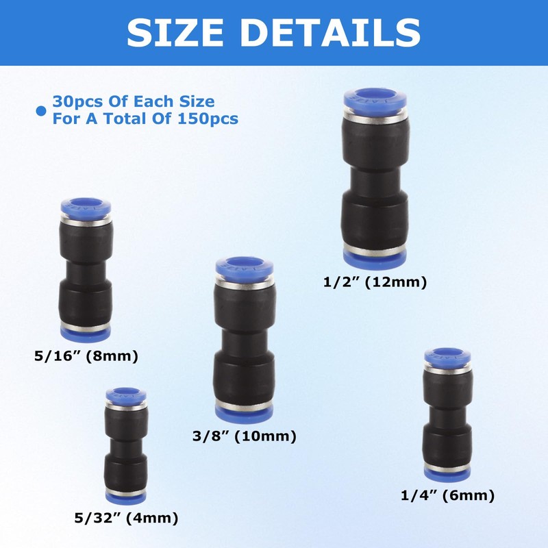 150 PCS Air Hose Fittings Air Line Fittings Straight Push