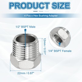 PATIKIL 304 Stainless Steel Reducer Hex Bushing 2 Pcs, 1/2" BSPT Male to 1/4" BSPT Female Pipe Reducing Adapter Fitting Connector for Water Gas Hydraulic Pipes Shower Hose, Silver