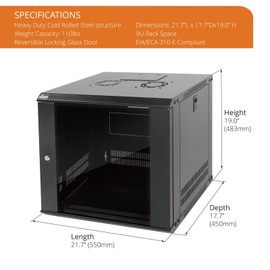 TECMOJO 9U Wall Mount Server Cabinet IT Network Rack Enclosure Lockable Door and Side Panels Black,Cooling Fan, Glass Door, 17.7inch Depth,for 19” IT Equipment, A/V Devices