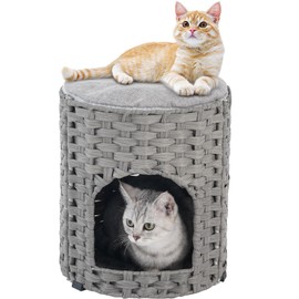 SETVSON Cat House for Indoor Cats, Small Cat Houses Handwoven Rattan Kitten Cave, Pet Kitten Bed Covered, One Double Sided Bed Pad, 13 x 13 x 13.7 Inches, Foldable Hideaway in Living Room Gray