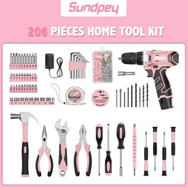 Sundpey Home Tool Kit with Drill - 206PCs Pink Tool Kit with 12V Cordless Power Drill for Household Repair - Portable Basic Pink Tool Box for Women with DIY Hand Tool Set(Screwdrivers & Pliers)