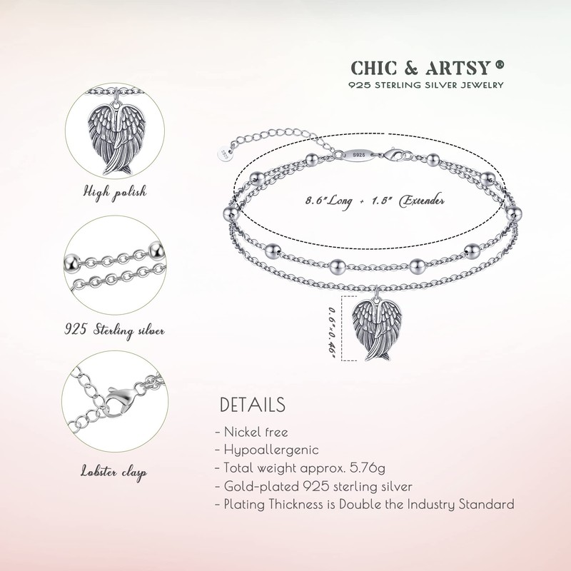 925 Sterling Silver Anklet Angel Wings Double Layer Anklet for