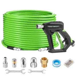 Tool Daily Sewer Jetter Kit for Pressure Washer 100 FT, Short Power Washer Gun, Drain Cleaner Hose 1/4 Inch NPT, Corner, Rotating and Button Nose Sewer Jetting Nozzle, 3600 PSI