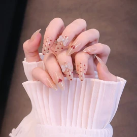 Heart Nail Length Fake Nails Butterfly Decoration Polka Dots Make You More Nice 24pcs Nail Tips for Wedding, Party, Holiday, Dating, Prom and Daily Life