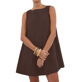 DURUNUL Women's Sleeveless Babydoll Tank Mini Dress Wide Boat Neck Short A Line Dress with Side Pockets Blouse Party Dresses Coffee