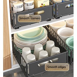YunNasi Pull Out Cabinet Organizer Slide Out Drawer Storage Shelves Cupboard Organiser Sliding Cabinet Basket for Kitchen No Drilling and Nailing (Black, 2Piece 9.8" W X15 D X 7.5" H)