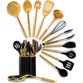 STYLED SETTINGS Black and Gold Cooking Utensils Set - 13-Piece Kitchen Set with Black Ceramic Utensil Holder and Stackable Gold Spoon Rest - Luxury Kitchen Accessories for Stylish Cooking and Serving