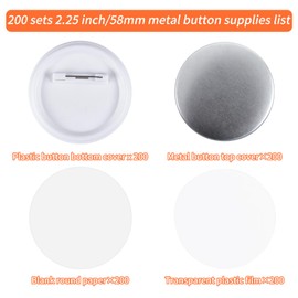 200 Sets 58mm/2.25 inch Button Maker Supplies, Pin Back Button Parts for Button Maker Machine 58mm, Including Metal Covers, Plastic Back Covers, Clear Plastic Film&Blank Paper