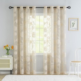 Treatmentex Lace Curtain Jacquard Curtains with Eyelets Beige 3D Floral Pattern Semi-Transparent Curtains Vintage Romantic Decorative Curtain Eyelet Curtains for Girls' Room Living Room, 2 Pieces, 140
