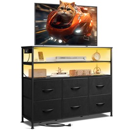 WLIVE Led Dresser for Bedroom, Black Dresser TV Stand for Bedroom with LED Lights and Power Outlet, Wide Chest of Drawers with Open Shelves for Entryway, 6 Fabric Drawers and Wood Top for Living Room