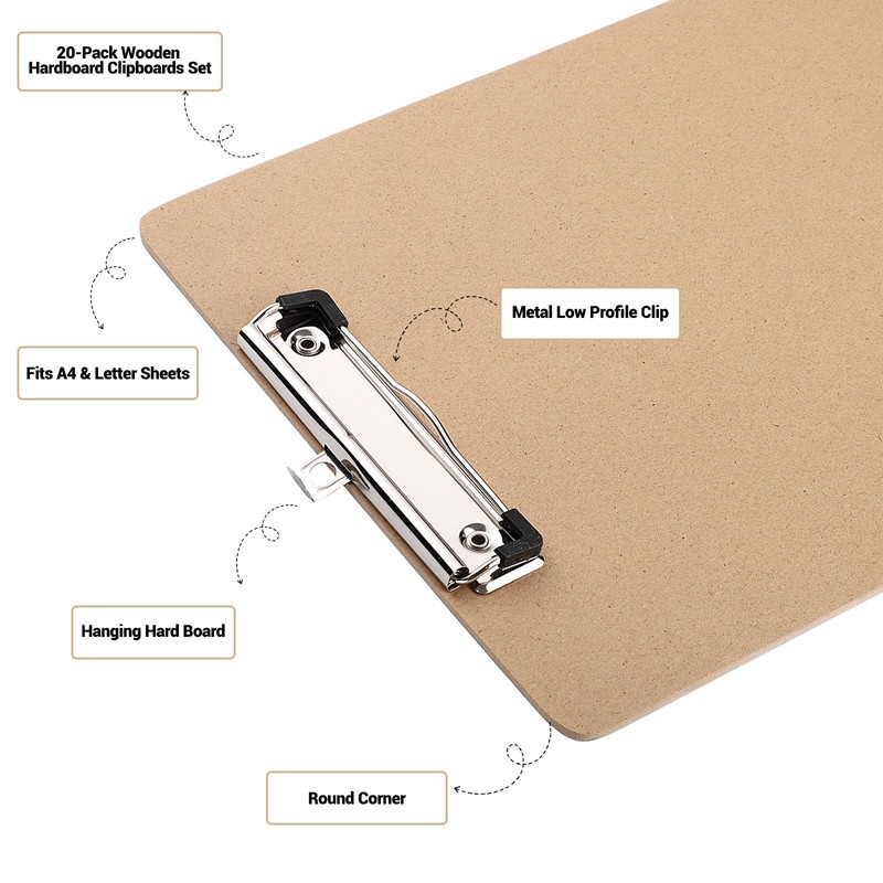 BESARME 20 Pack Clipboards Bulk 9x12.5'', Hardboard Hanging Clip Board