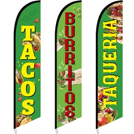 Hillsuren 3 Pcs Tacos Burritos Feather Flag 12 Feet Taqueria Mexican Restaurants Advertising Feather Banner Sign Tacos Advertising Flags for Outside Business Markets Mexican Food