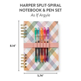 Notebook and Pen Set - Harper Split-Spiral Hardcover Notebook with 192 Lined Pages, 5 Colored Gel Pens, 100 GSM Acid-Free Paper, Elastic Straps Hold 5 Pens, 5.74" x 8.14", As If Argyle Design