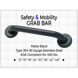 ADA Safety Grab Bar for Bathroom Shower Toilet Home - Matte Black/304 Stainless Steel/Smooth/ 18"