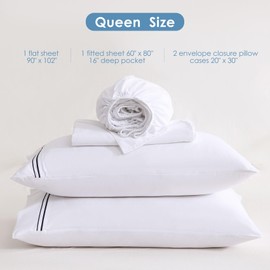 JSD White Queen Sheet Set with Side Pocket Corner Straps, 4 Piece Soft Microfiber Bed Sheets Extra Deep Pocket