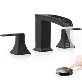 HEYMYTAP 4-16 Inch Waterfall Bathroom Faucet Black, Modern Brass Bathroom Faucets 3 Hole, 2 Handle Widespread Faucet for Bathroom Sink with Pop-up Drain and Supply Hoses