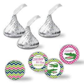 Snappy See You Later Alligator Birthday Party Kiss Sticker Labels for Girls, 300 Party Circle Sticker sized 0.75” for Chocolate Drop Kisses by AmandaCreation, Great for Party Favors, Envelope Seals & Goodie Bags