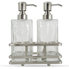 Square Glass Clear Lotion and Soap Pump Dispenser Set with Metal Stand Caddy for Bathroom Bath Kitchen Home Office Travel Hotel Hand Crafted Heavy Weight Nickel