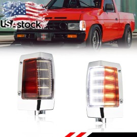 OFFKAT 2X Chrome Full LED Corner Side Marker Signal Lights For 90-97 Nissan D21 Pickup