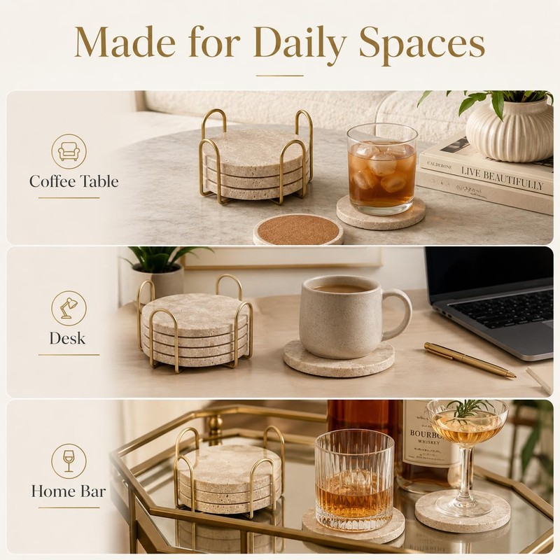 Travertine Coasters with Gold Holder, Set of 4 Natural Stone,