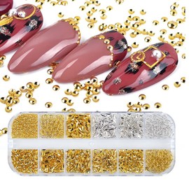 YFFSFDC Nail Parts, Set of 3, Metal Parts, Nail Design, Accessories, Deco Parts, Square, Triangle, Round, Pearl, Flake Parts, Nail Art, Nail Studs, Nail Decoration, Gold Nail Parts Set