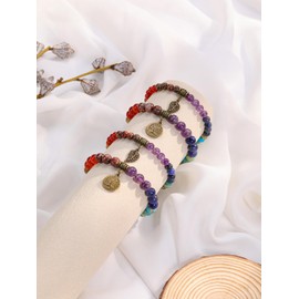 JSDDE 2pcs 7 Chakra Crystals Bracelet Set Healing Crystal Gemstone Beads Stretch Bracelets with Life Tree Leaf Charm for Women Gifts