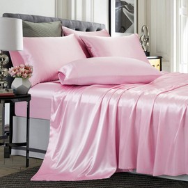 TREELY 6 Piece Satin Sheets Full Size Silky Smooth Pink Satin Sheet Set with Deep Pocket, Satin Fitted Sheet, Flat Sheet, 4 Satin Pillowcase