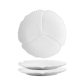 Jusalpha Set of 3-Japanese Style Flower Petal Shaped Porcelain Dinner Plates, Versatile Circular Serving Plates for Breakfast, Salad, Steak Dinner, PL019 (Flat plate, 10'', White)