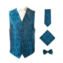 Juego de 4 piezas de chaleco de cachemira, pañuelo de bolsillo, corbata de moño y corbata, de Oliver George, Azul metálico, XX-Large (Pecho 48)